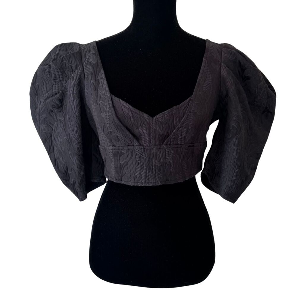 WHOWHATWEAR Goth Dark Coquette Silk Blend Black Puff Sleeve Crop Top M - NWT